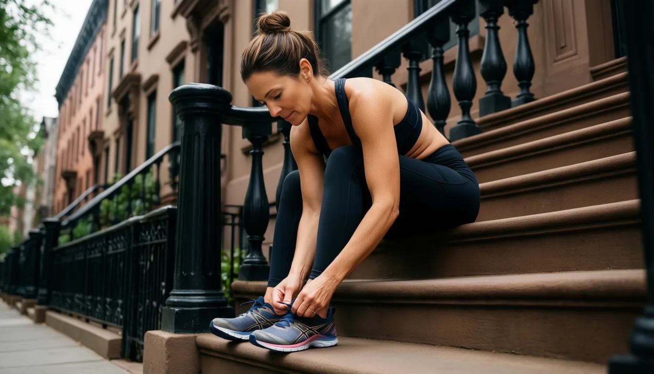 A woman in her 40s tying running shoes on outdoor steps