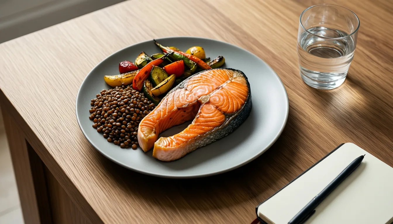 Overhead shot of a high-protein meal on a kitchen table