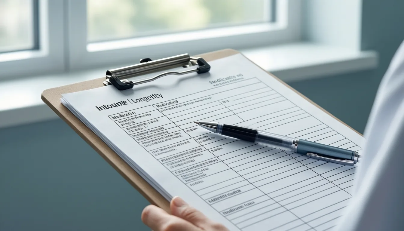 Clipboard with a patient medication list on a clinic desk