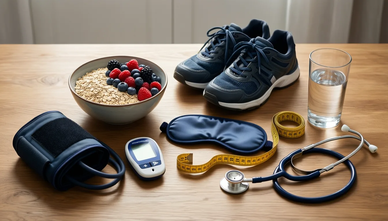 overhead view of items representing diet, activity, sleep and cardiovascular measurements on a wooden table