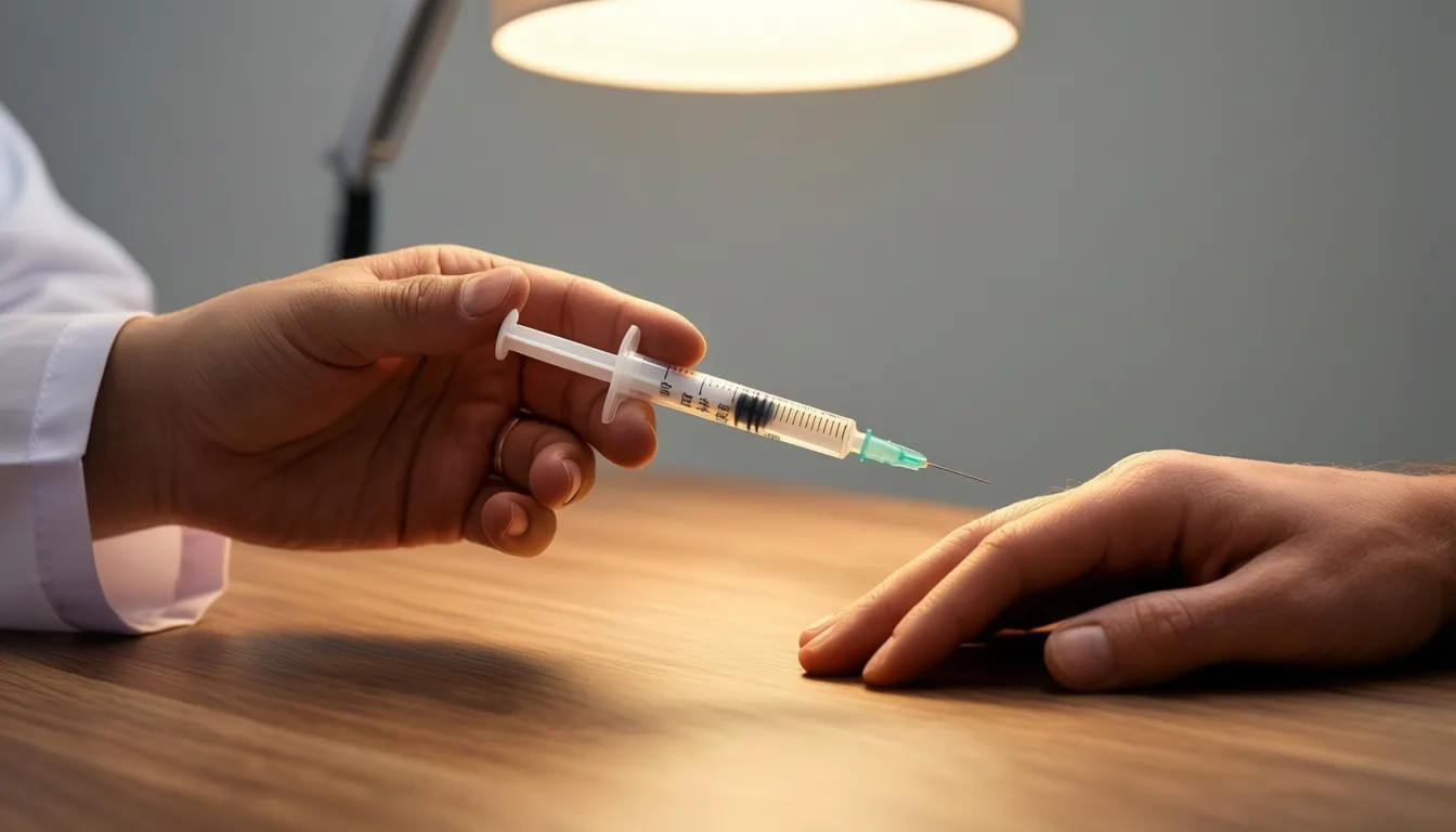A clinician and patient across a desk with a GLP-1 injector pen between them