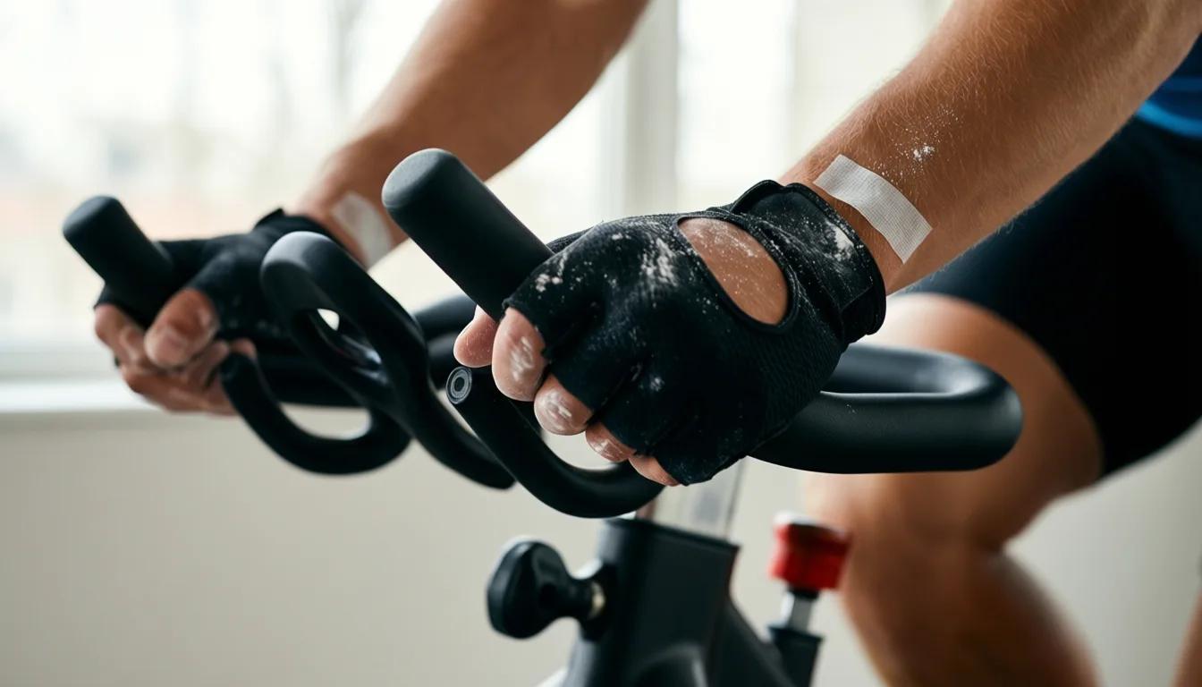 Close-up of hand-cycling athlete's gloved hands on cranks