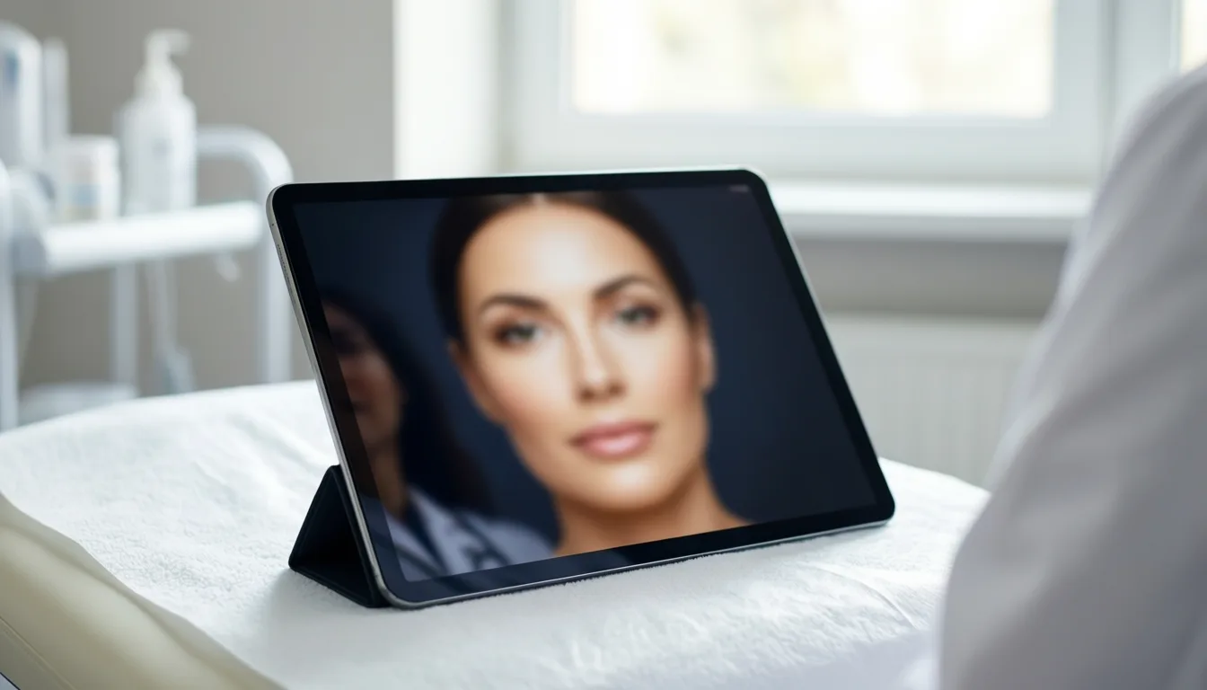 A tablet on a dermatology exam room counter showing a generic face