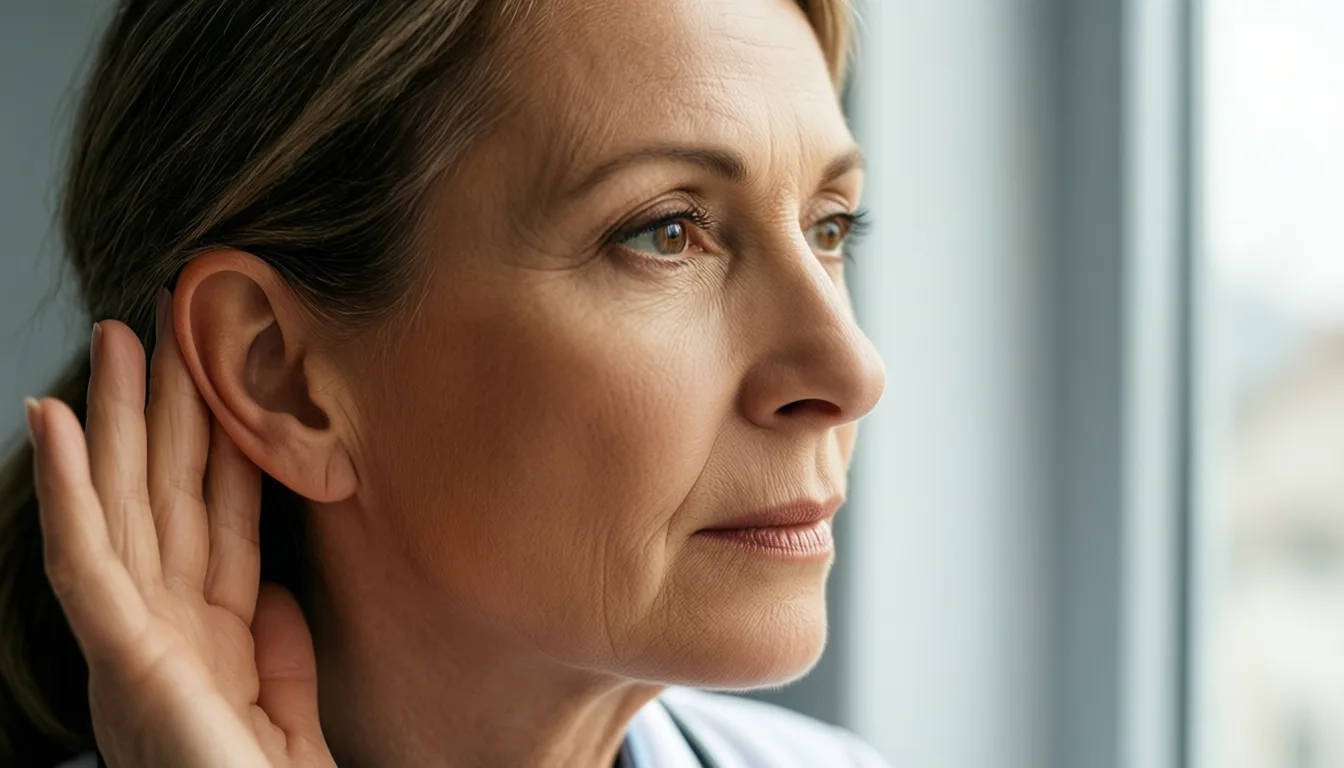 Older woman listening with focused expression in soft light