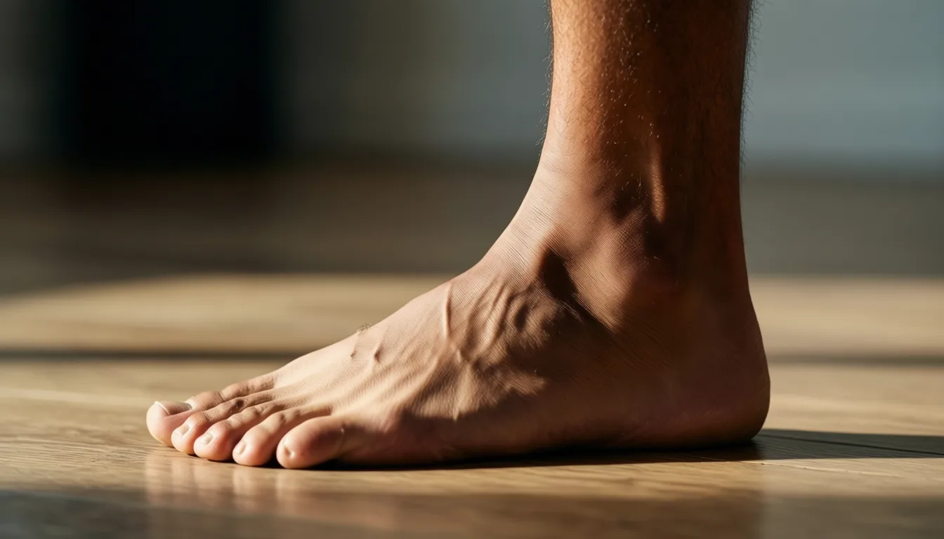 Close-up of a barefoot athlete balancing on one foot