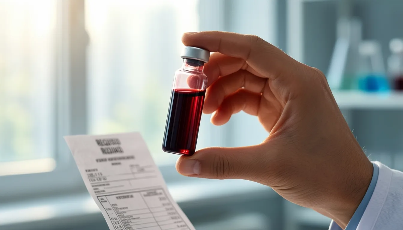 A blood sample vial in front of a lab requisition form