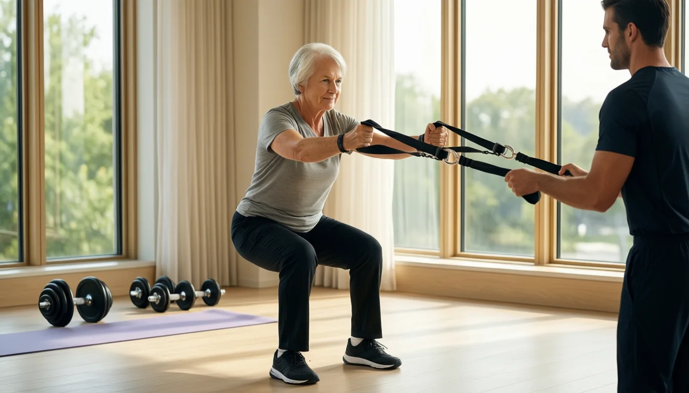 An older adult doing resistance-band exercise with a trainer in a bright PT studio