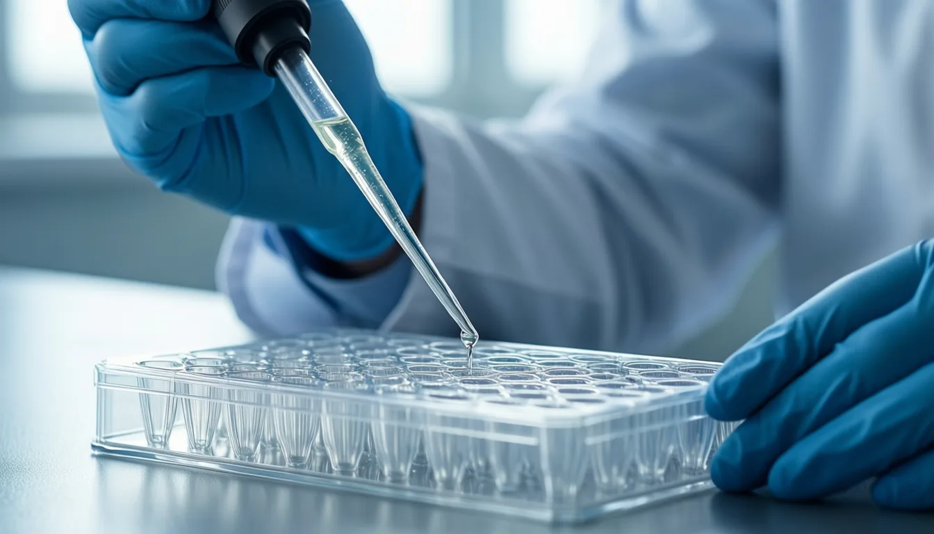 Gloved hands pipetting into a multi-well plate