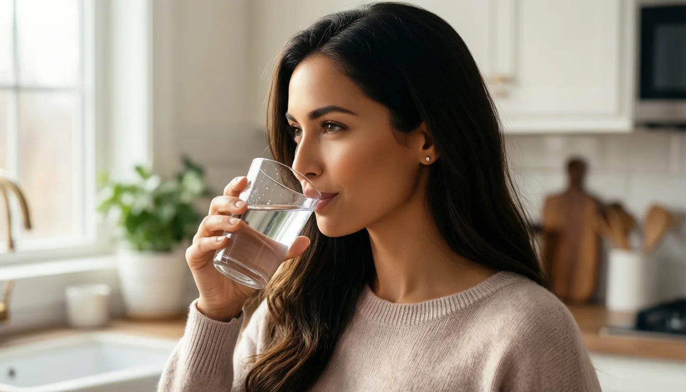 A woman drinks a glass of water in a sunlit kitchen.