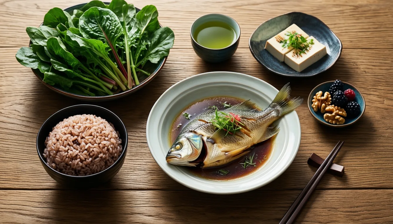 Overhead view of a MIND-style meal featuring greens, fish, grains, and nuts