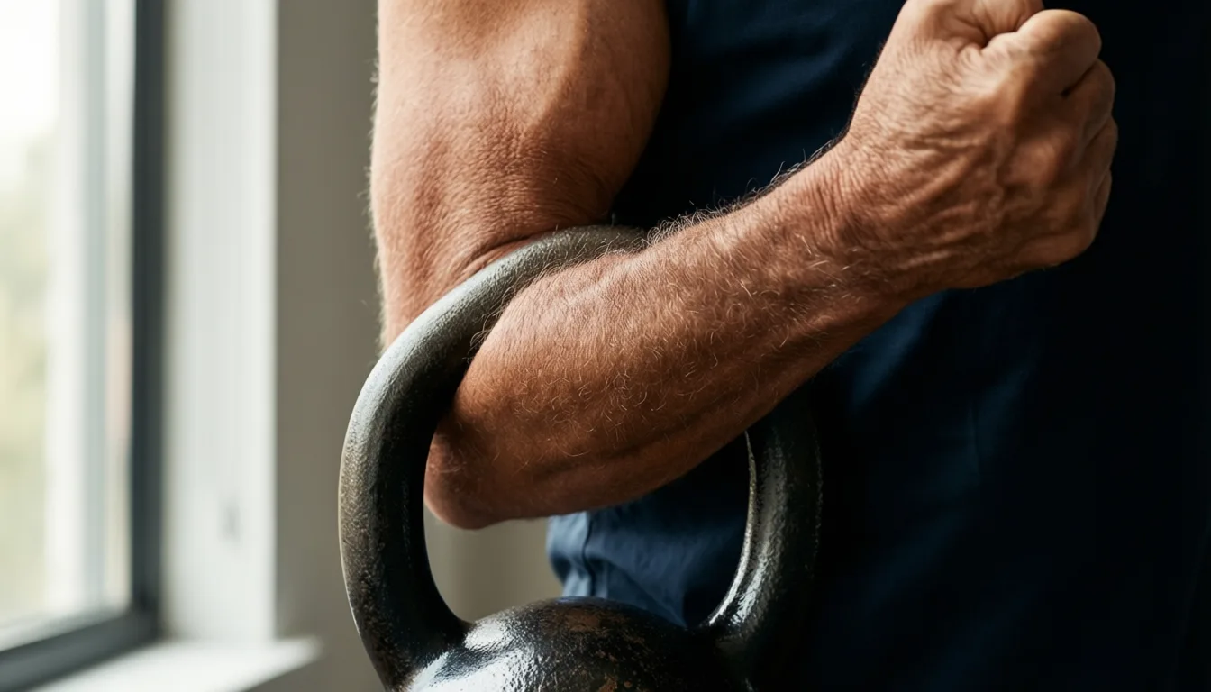 Close-up of an older man's hand gripping a kettlebell