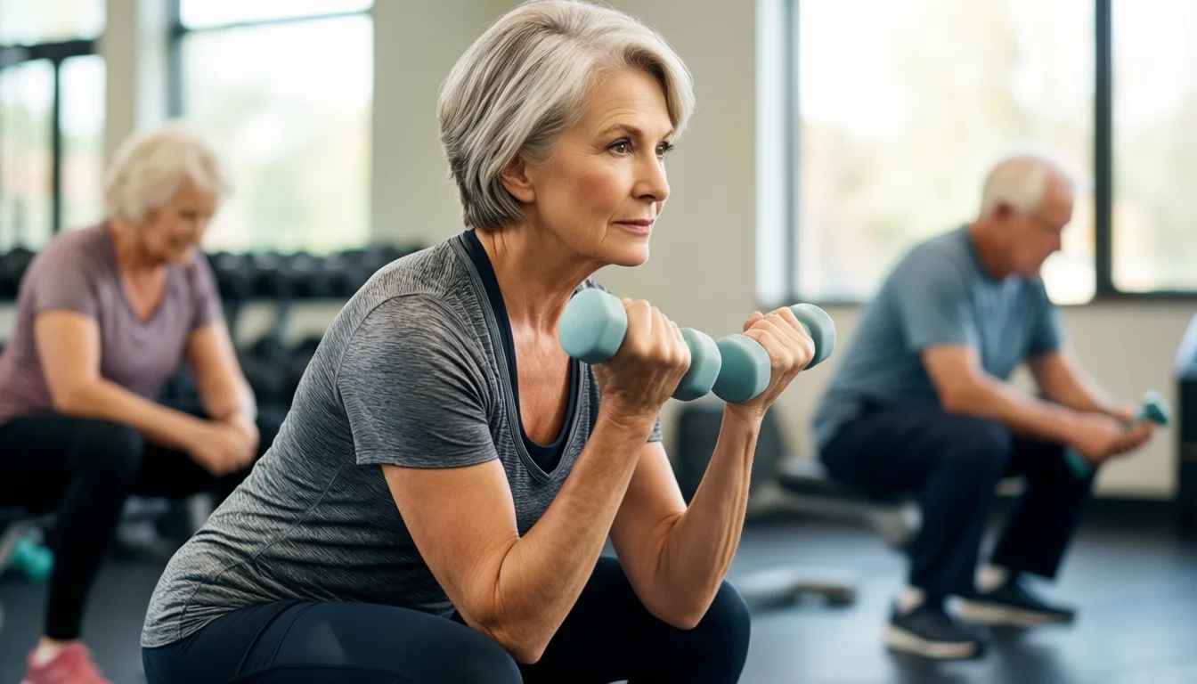 older woman performing a squat with dumbbells in a community gym