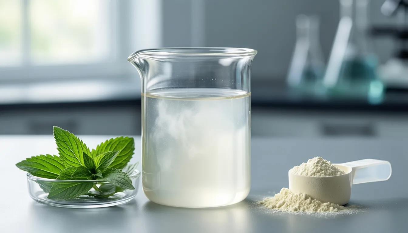 laboratory beaker beside stevia leaves and whey protein powder