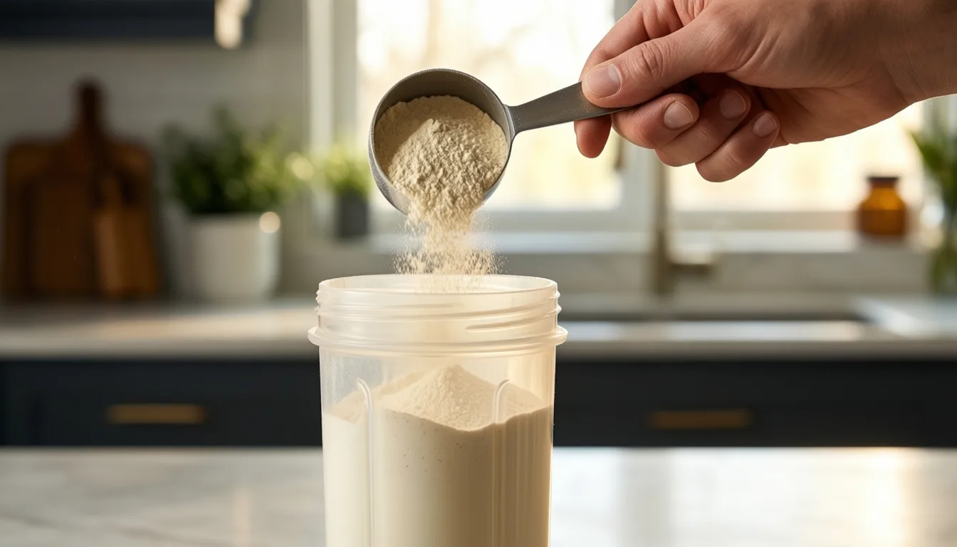 hand pouring whey protein powder into a shaker bottle