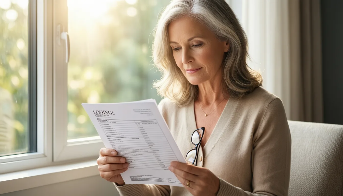 Older woman reviewing a printed lab report by a sunlit window