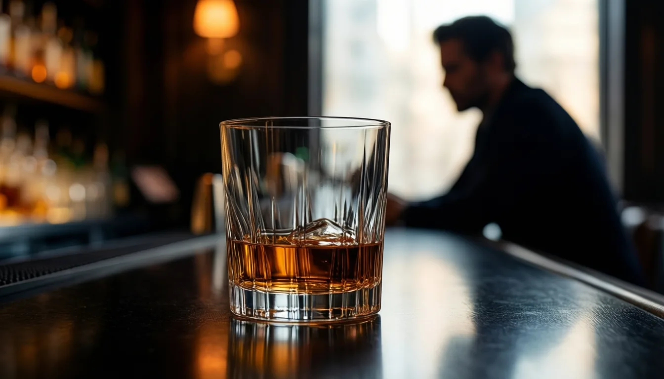 a half-empty whiskey glass on a dimly lit bar