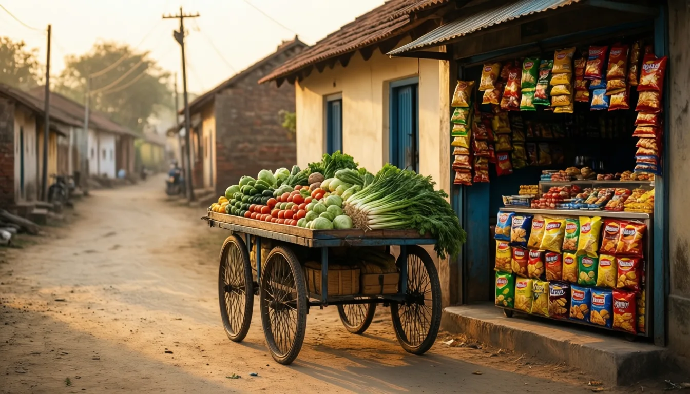 A vegetable cart and a packaged-snack kiosk side by side on a rural street