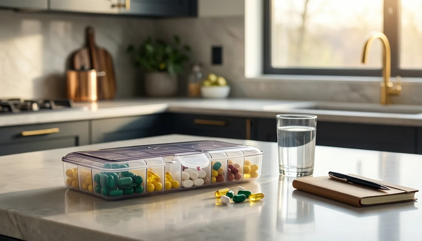 A pill organizer and notebook on a kitchen counter in morning light