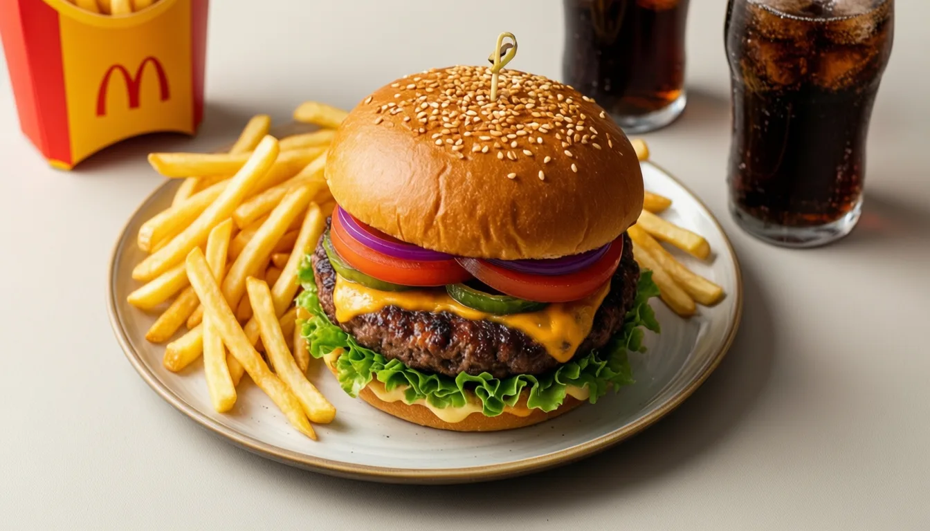 Fast food meal photographed from above on a neutral surface
