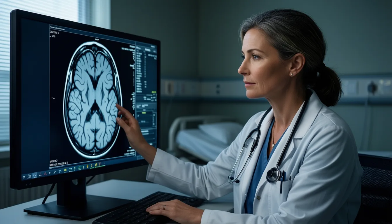 Clinician examining brain MRI on monitor
