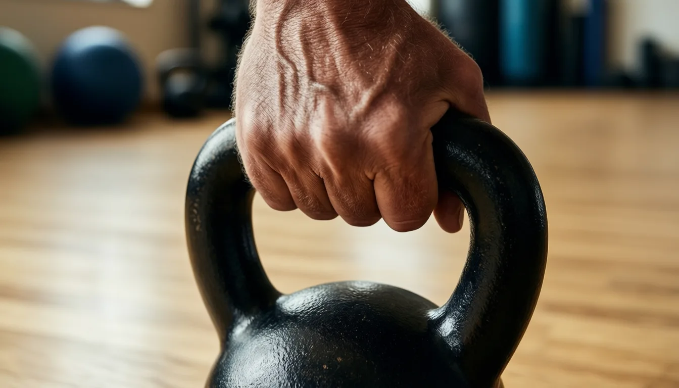 An older man's hand gripping a kettlebell