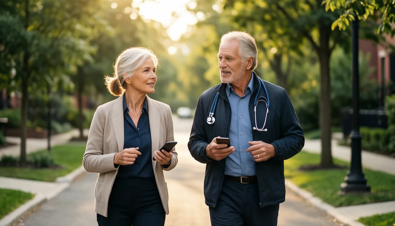 An older couple walking and talking outdoors