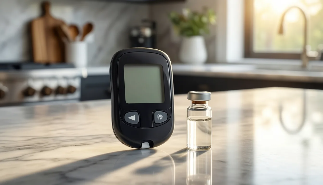 A glucose meter beside a small medication vial