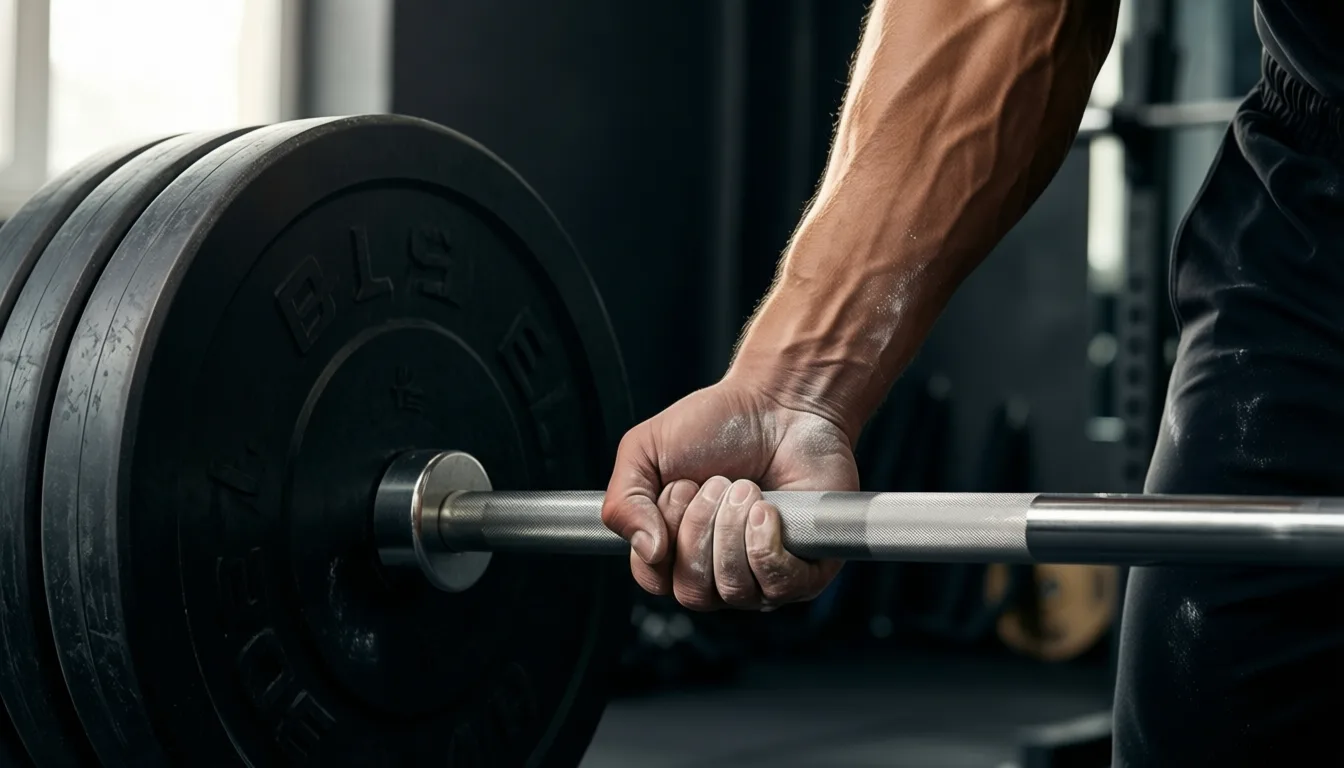 A chalked hand gripping a loaded barbell under dim gym lighting