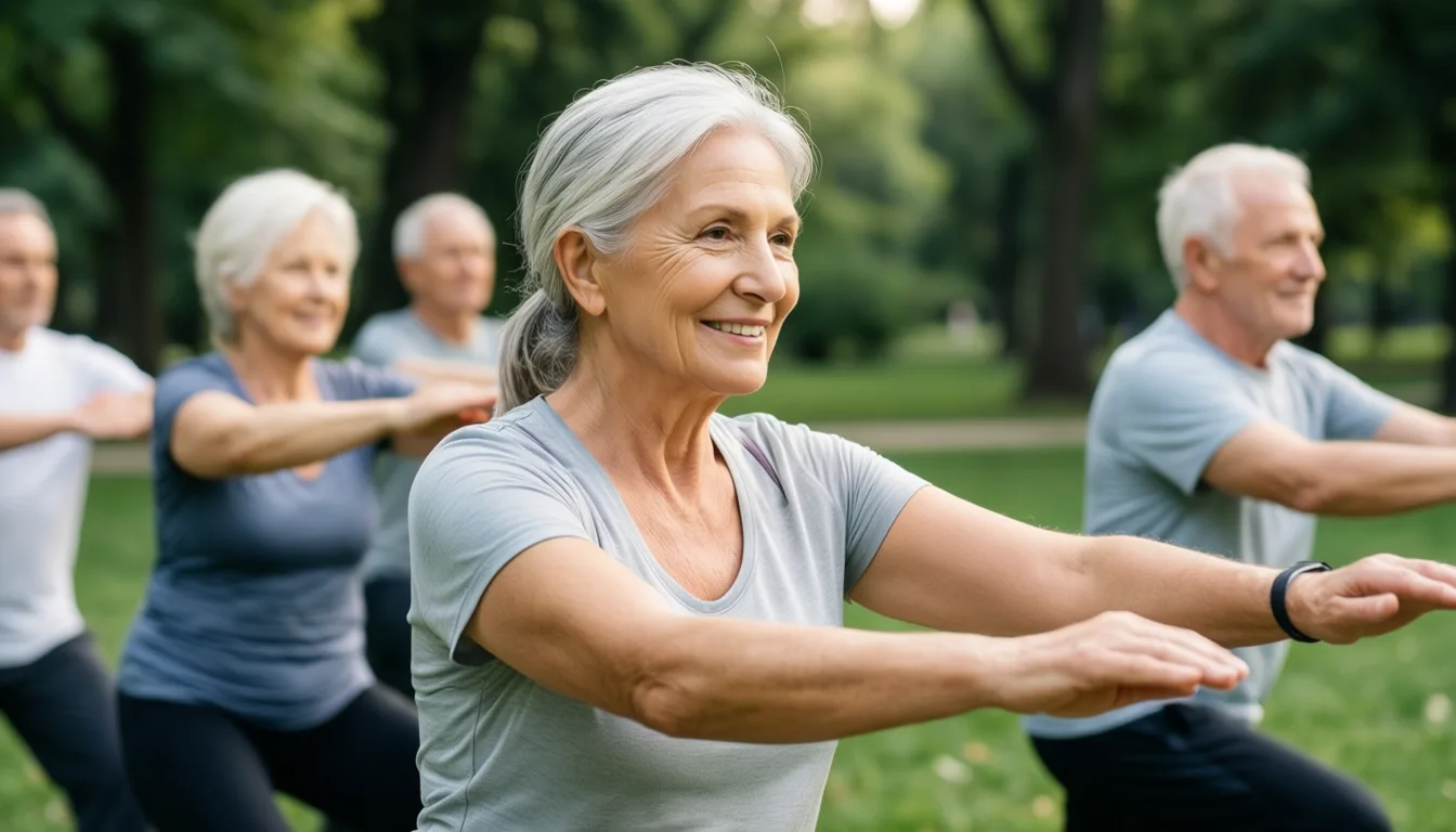 Older adults exercising together outdoors in a park.