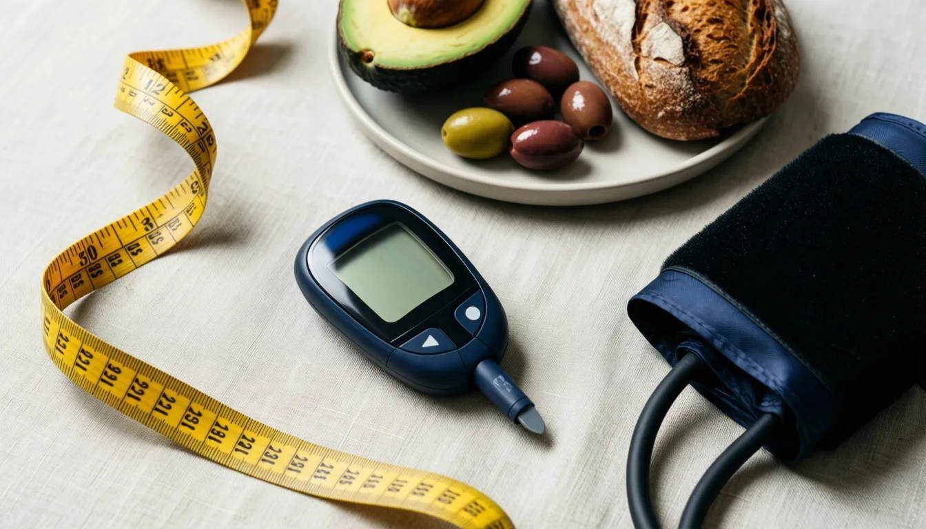 Measuring tape, glucose meter, blood pressure cuff, and Mediterranean-style foods arranged on linen