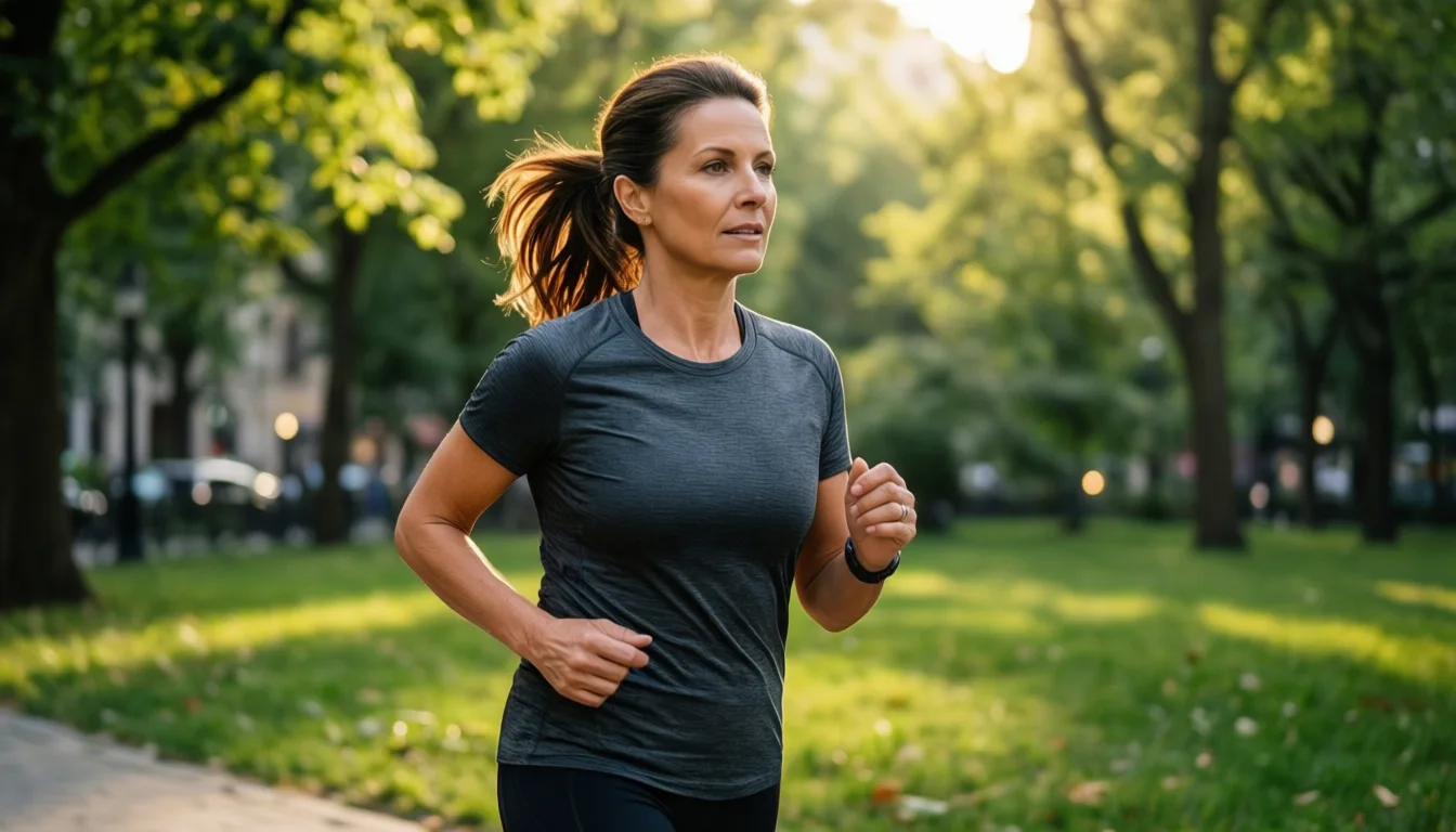 Middle-aged woman walking briskly through a green park in late afternoon light