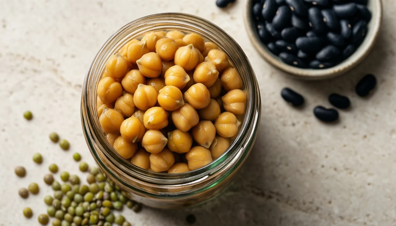 Cooked chickpeas, black beans and green lentils on a pale stone surface