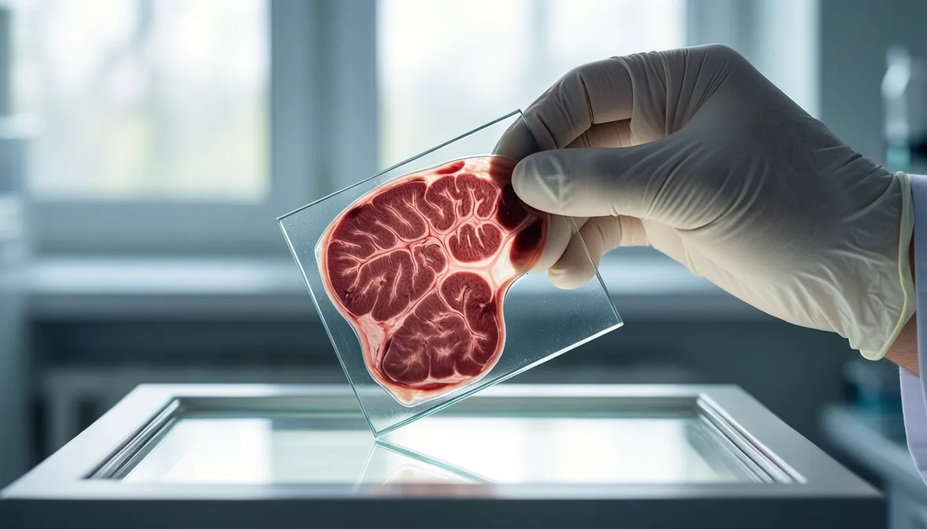 A gloved hand examines a stained liver biopsy slide on a lightbox