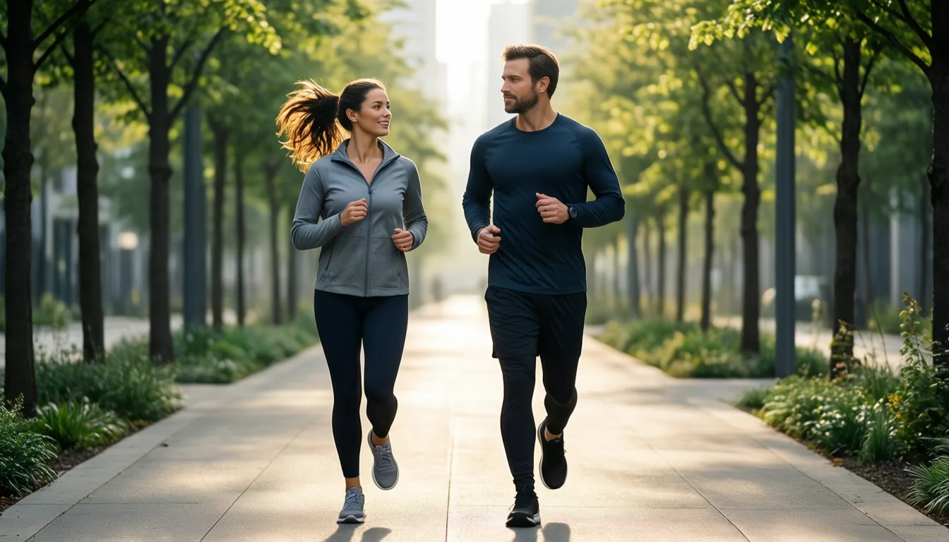 Two people walking together on a tree-lined morning path