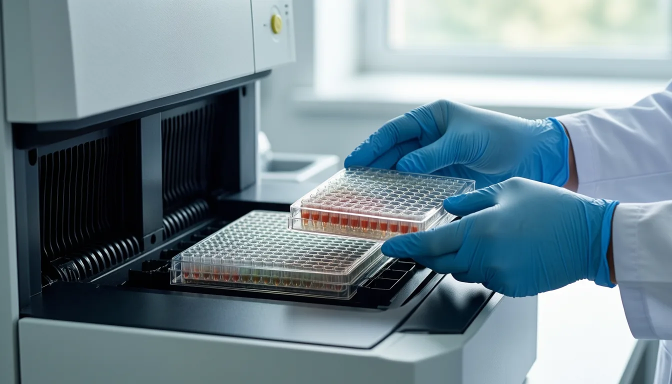 A gloved hand loading a sample plate into a laboratory sequencer