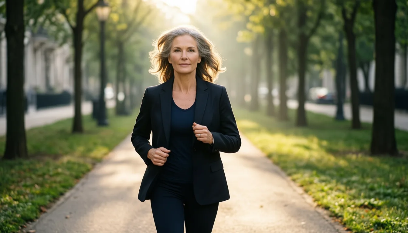 A woman in her late fifties walking outdoors at sunrise