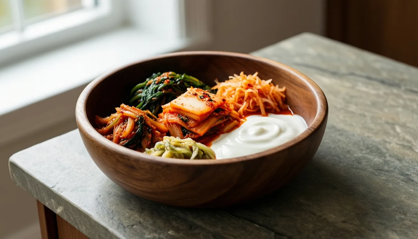 a bowl of fermented foods on a stone counter