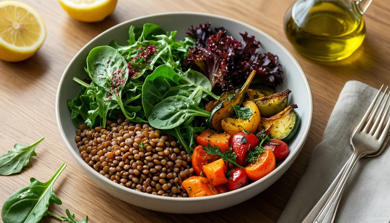overhead view of a Mediterranean lunch bowl
