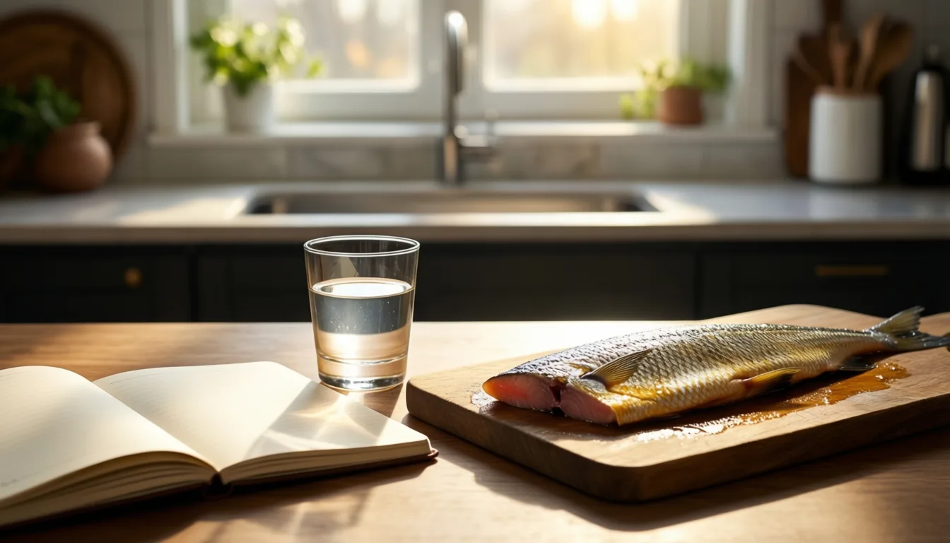 Sunlight on a kitchen counter with notebook and fish