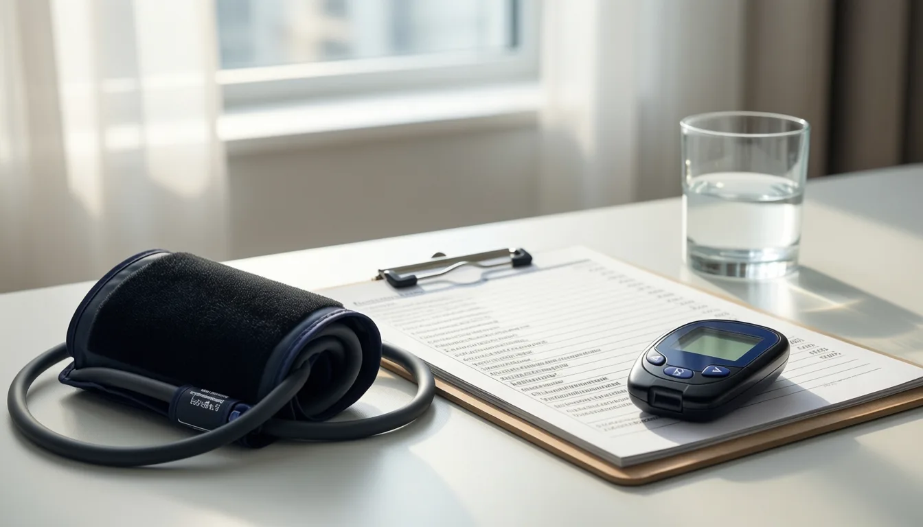 A clinician's desk with blood pressure cuff, medication list and glucose meter