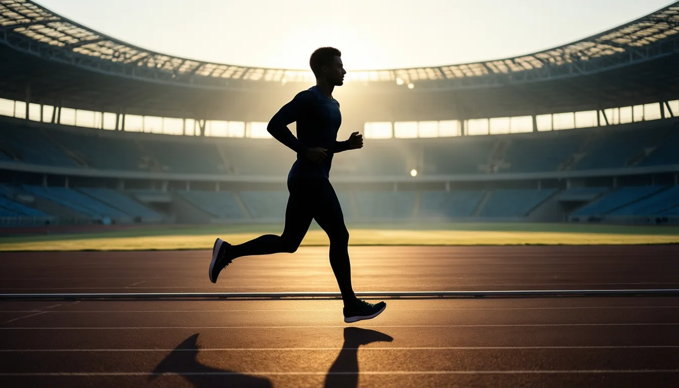 runner silhouette at dawn on stadium track