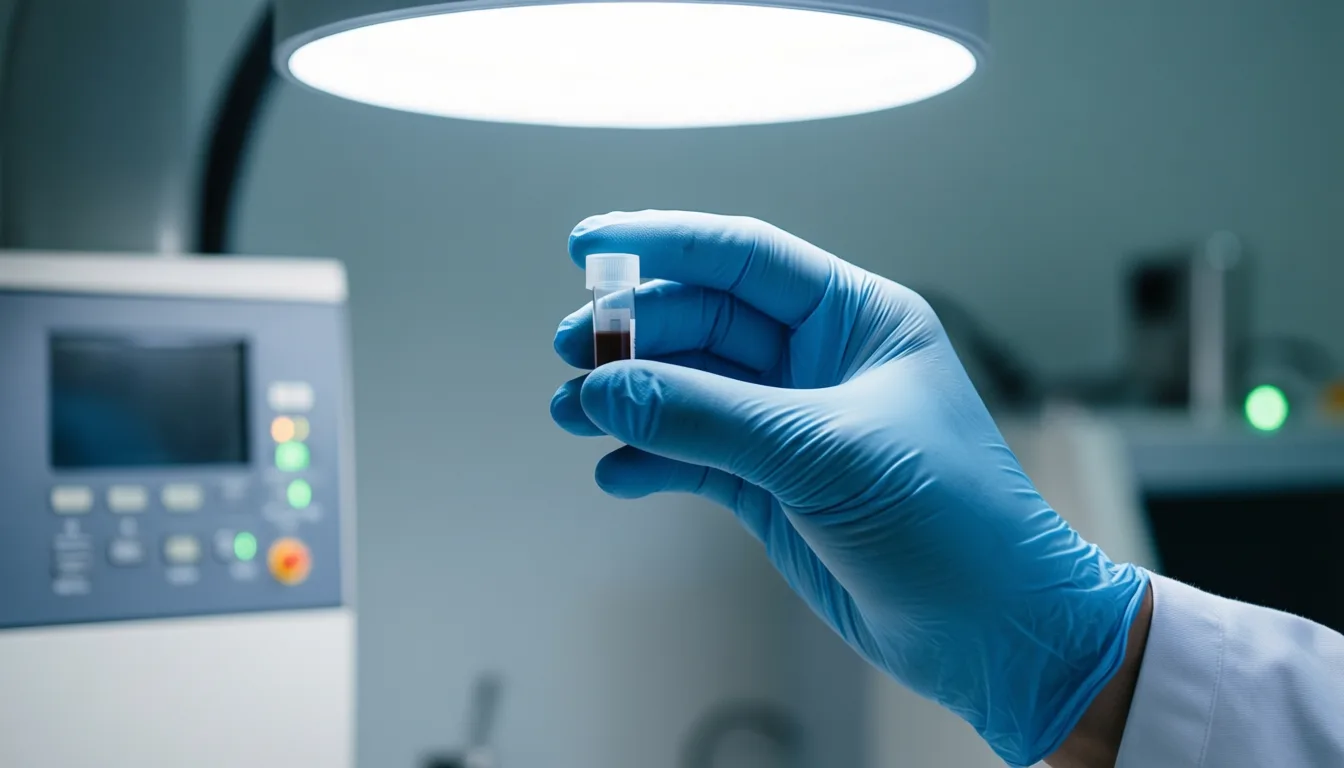 A gloved hand holds an NMR sample tube in a lab.