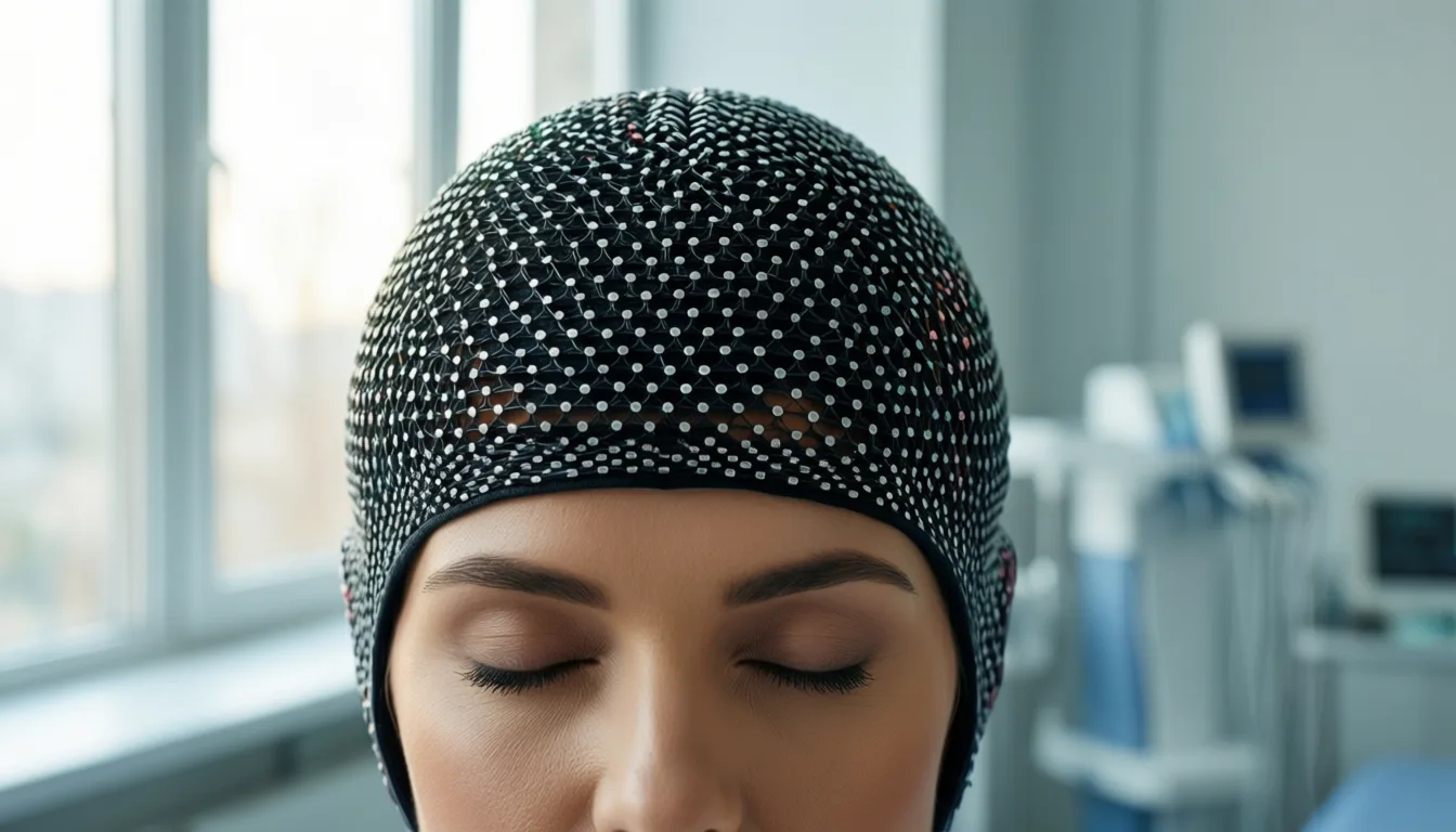 Person wearing an EEG net in a calm research setting