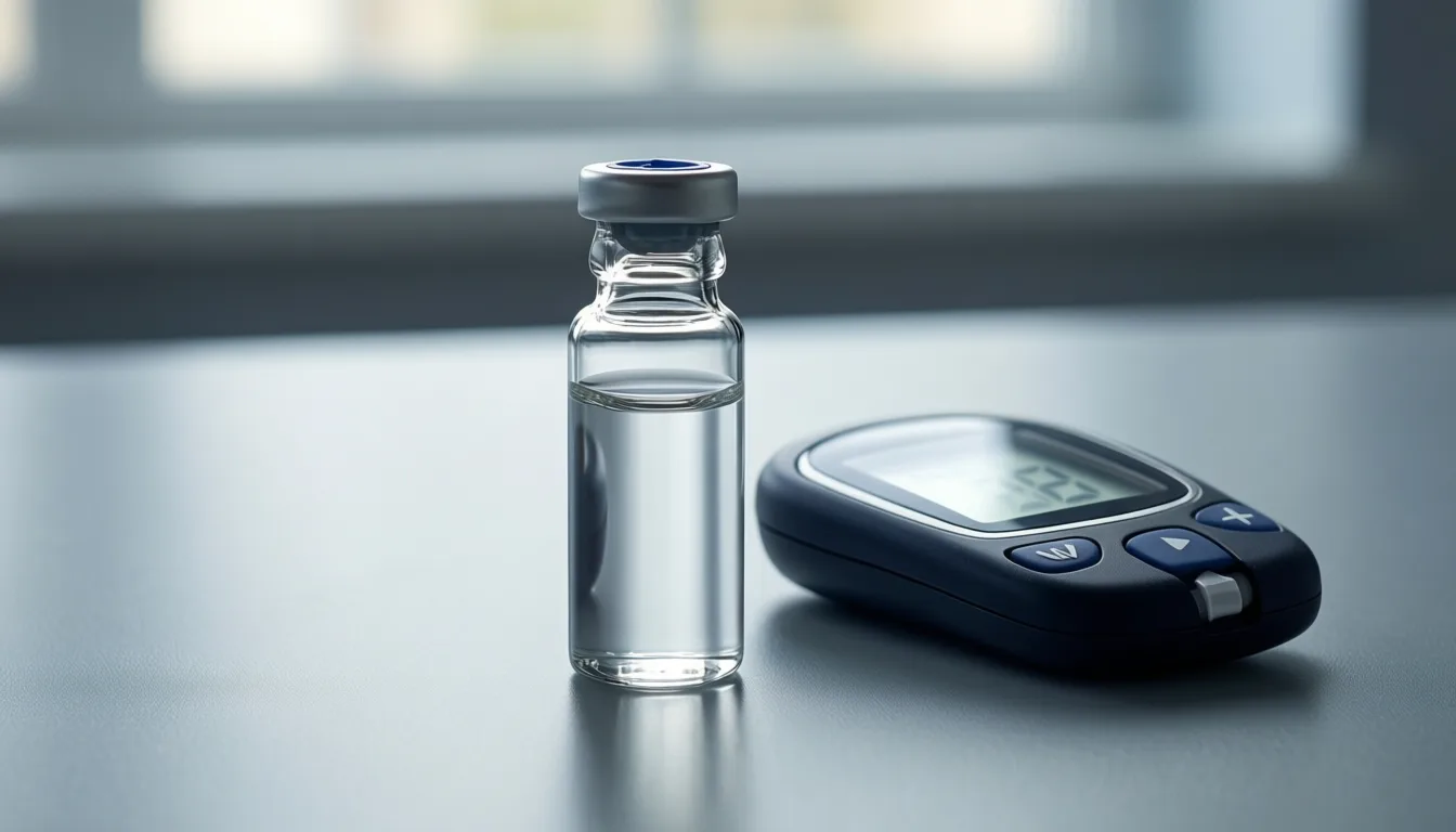 Vial and glucose meter on a lab bench