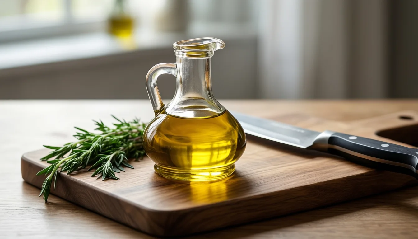 Cooking oil and fresh herbs on a wooden board