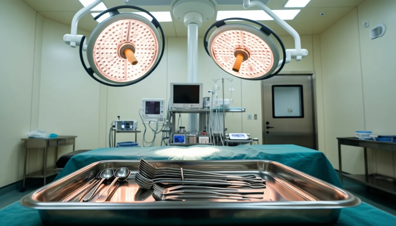 Operating room with surgical lights and instrument tray