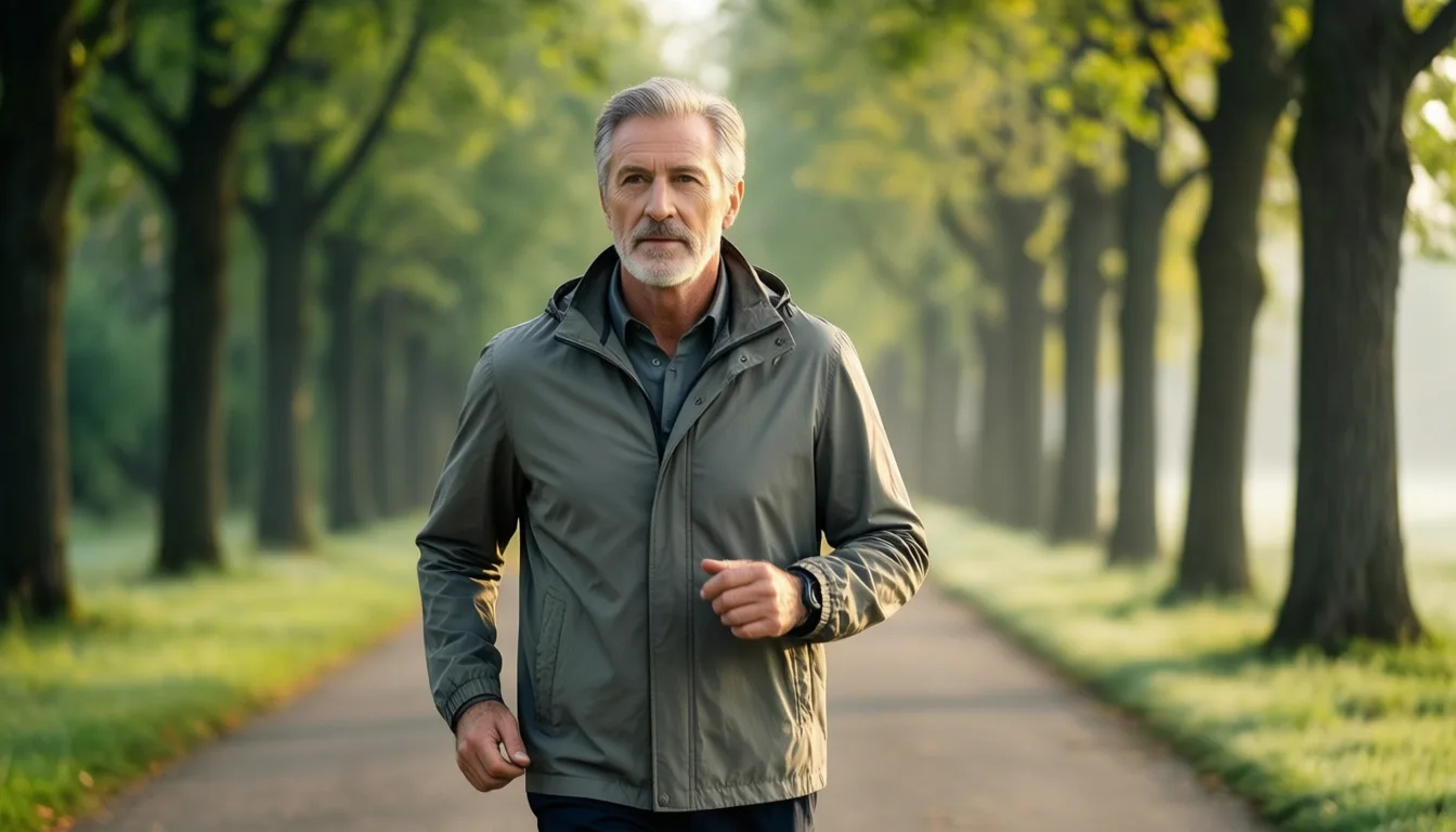 An older man walking briskly on a tree-lined path at dawn