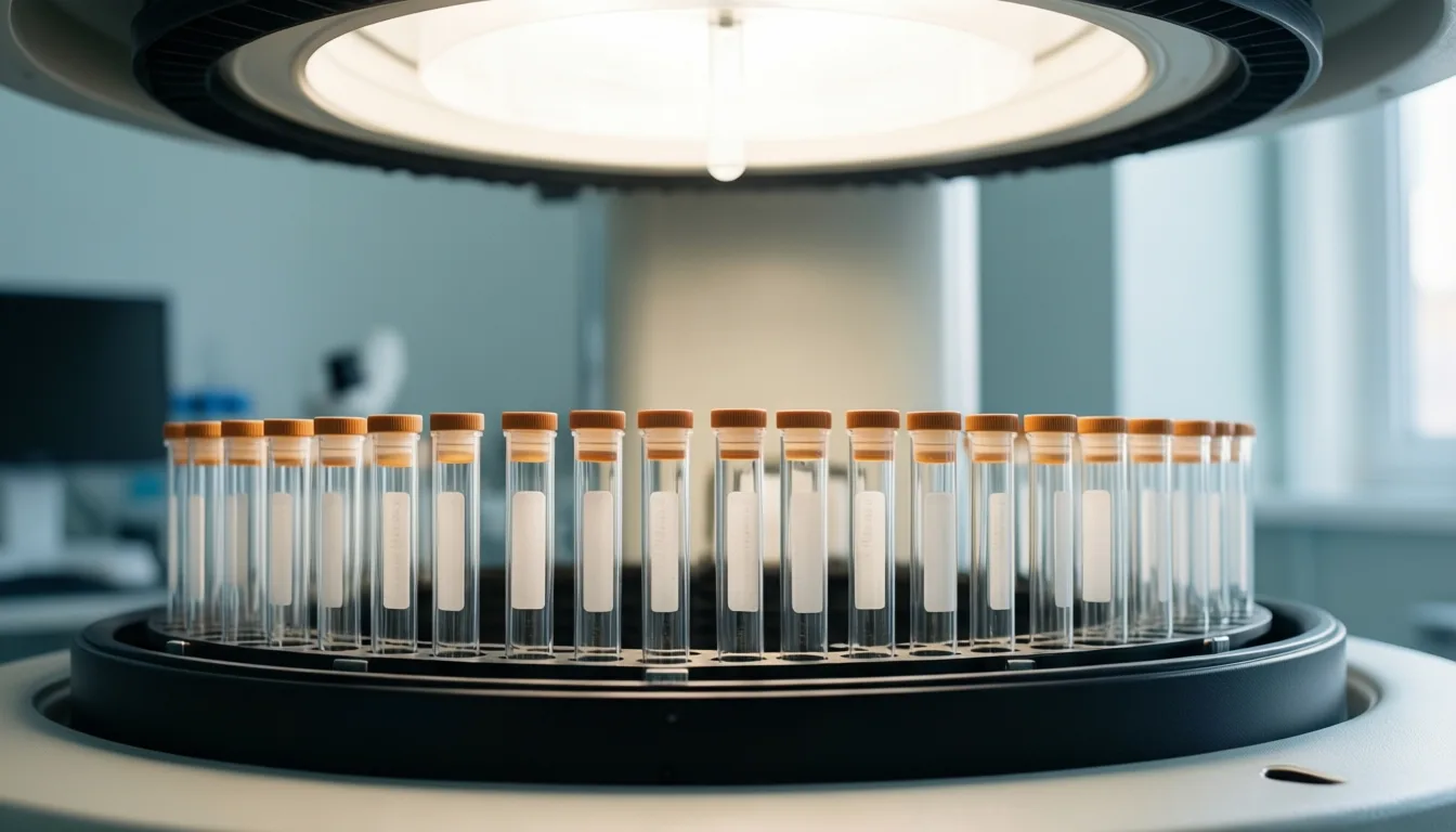 Rack of labeled blood sample tubes in a clinical lab