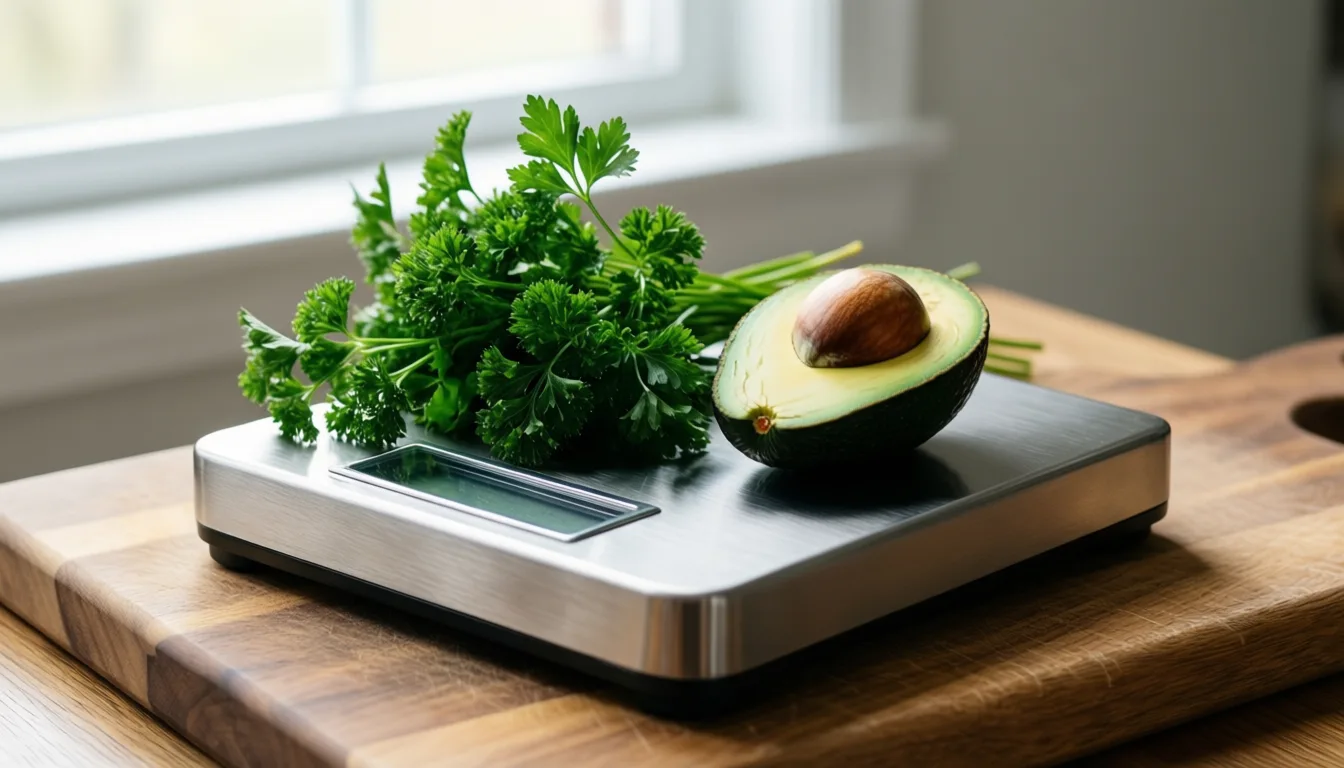 Fresh parsley and avocado on a kitchen scale
