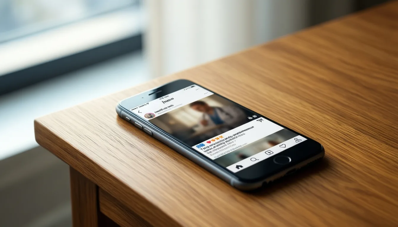 A smartphone on a table displaying a blurred social feed
